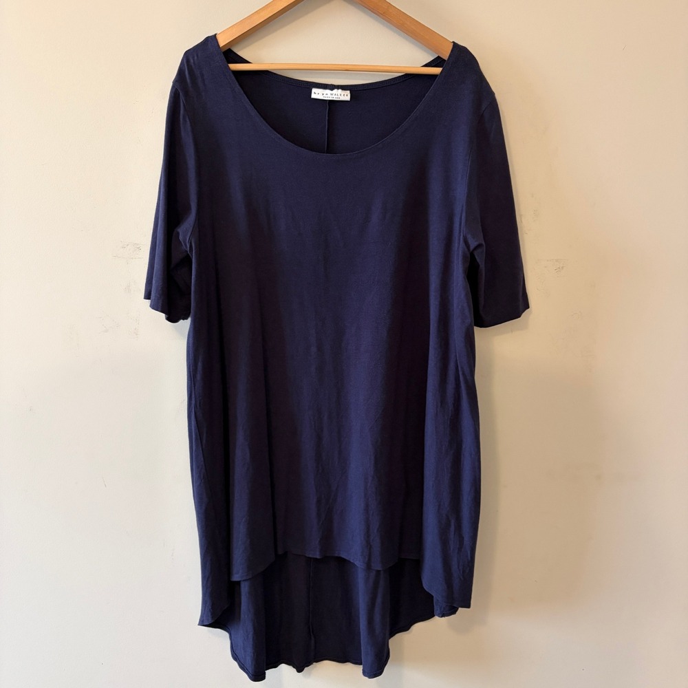 Bryn Walker Bamboo Organic Cotton Tunic Top Lagenlook Navy Blue L High-Low Hem